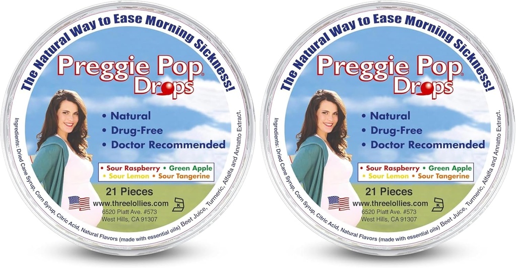 Tre Lollies Preggie Pop Drops - 21 gocce - Mattino Malattia Rilievo Durante la Gravidanza - Sicuro per la mamma incinta & Baby - Gluten Free - Quattro aromi: Limone, lampone, Mela verde, Tangerine (Pack of 2)