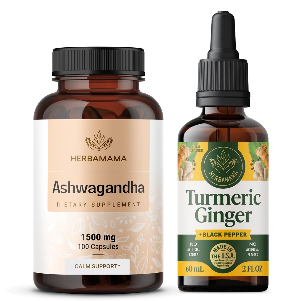 HERBAMAMA Ashwagandha e Turmeric Ginger Kit - Bundle di 1500 mg Ashwagandha Root Capsules & Turmeric Ginger Tincture 2 fl oz - Vegan, Non-GMO, Sugar & Alcohol-Free - 2 Pack