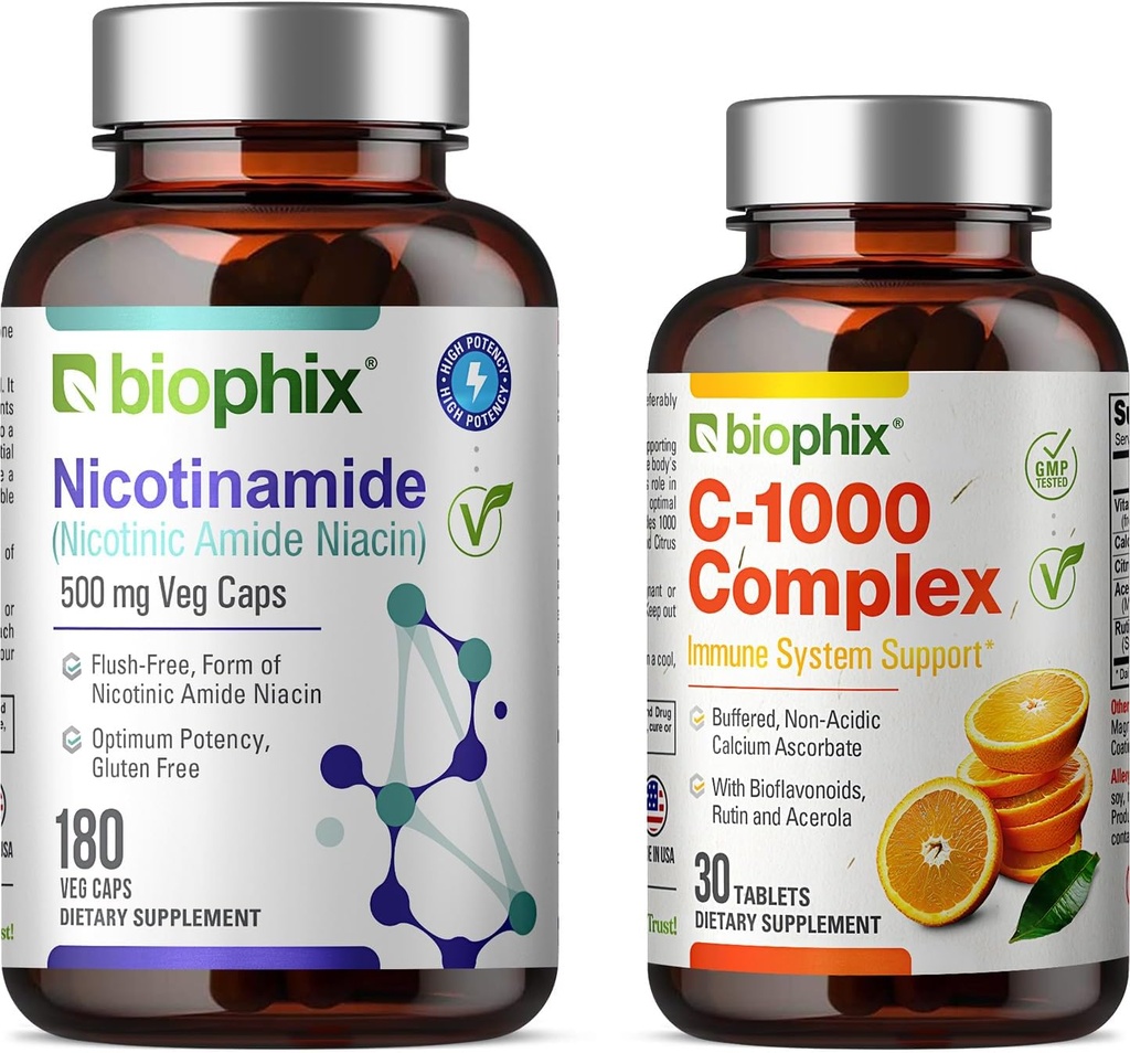 biophix B-3 Nicotinamide 500 mg 180 Vcaps - Vitamina C-1000 30 Compresse - Nicotinic Amide Niacin Natural Flush-Free Vitamin Formula - Supporta la salute delle cellule della pelle