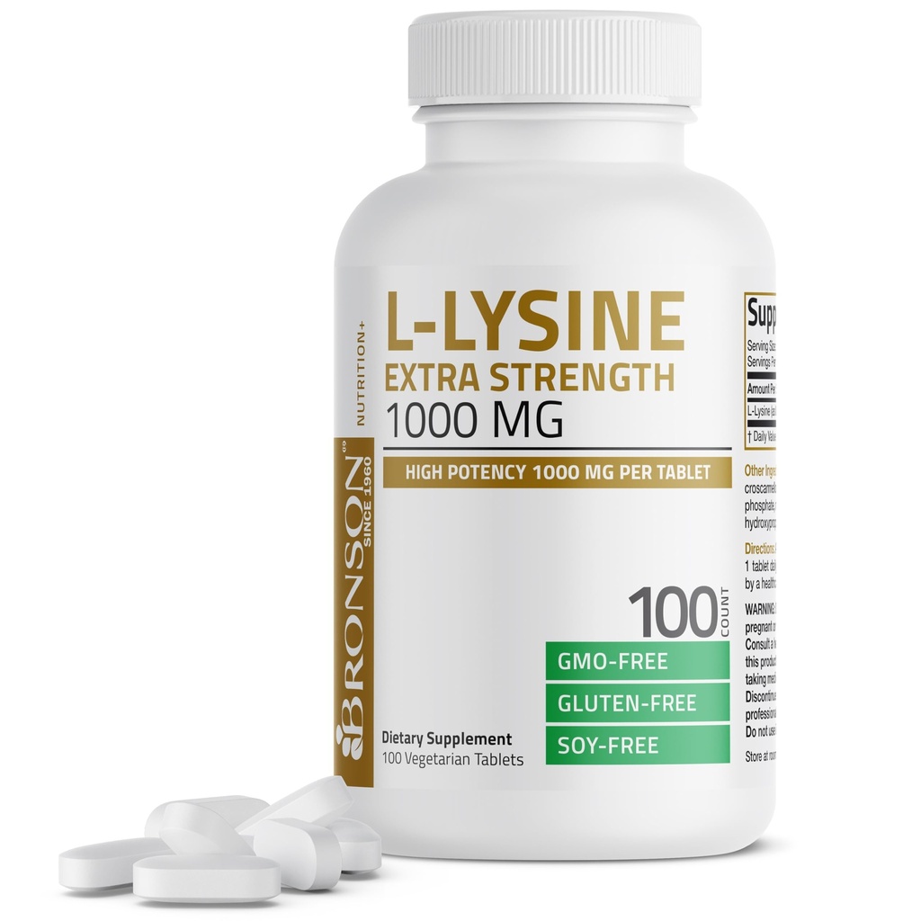 Bronson L-Lysine Extra Strength 1000 MG per Tablet High Potency, Immune Support & Supports Collagen Sintesi, Non-GMO, 100 compresse vegetariane