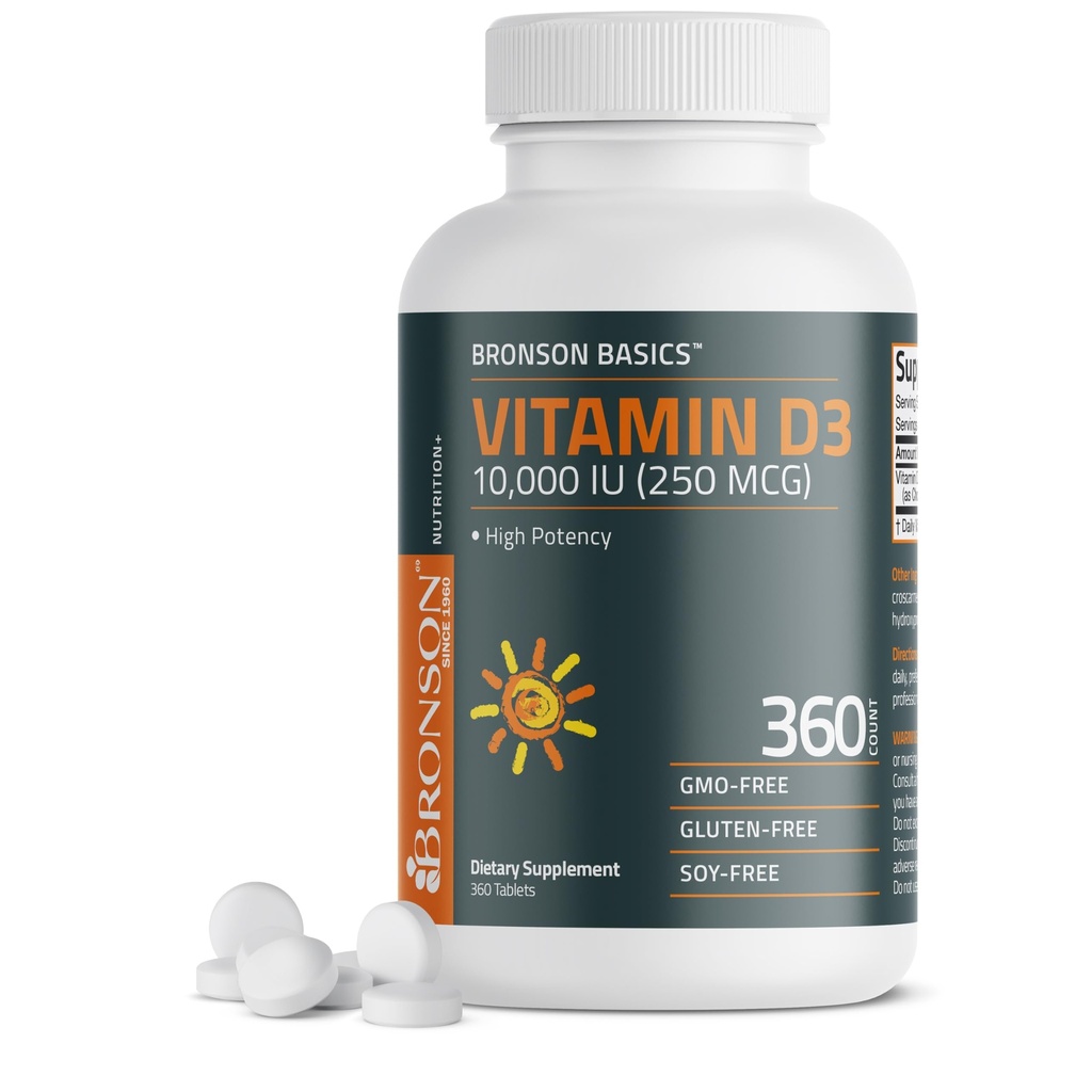 Bronson vitamina D3 10.000iu (250mcg) 1 anno di fornitura per la funzione muscolare sana e supporto immunitario, non OGM, 360 compresse