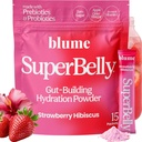 Blume New SuperBelly Gut Salute e On-The-Go Hydration Packets, senza zucchero, con Prebiotici, Probiotici, Aceto di sidro di mele, Vitamina C, ed Elettroliti, Ibisco di fragola, 15 Sticks