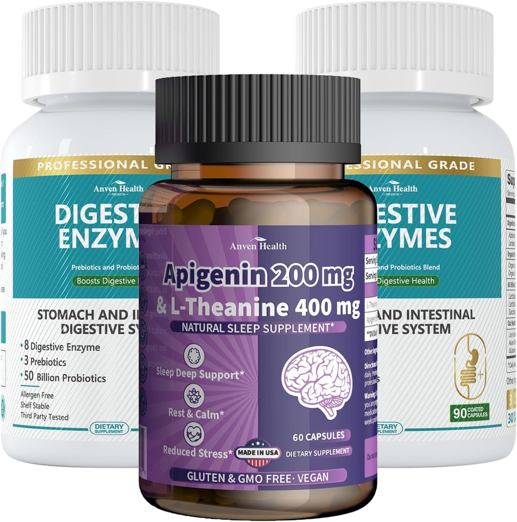 Apigenin con L-Theanine + Digestive Enzymes Wellness Bundle – Rilassamento naturale, Rilievo di stress e supporto digestivo
