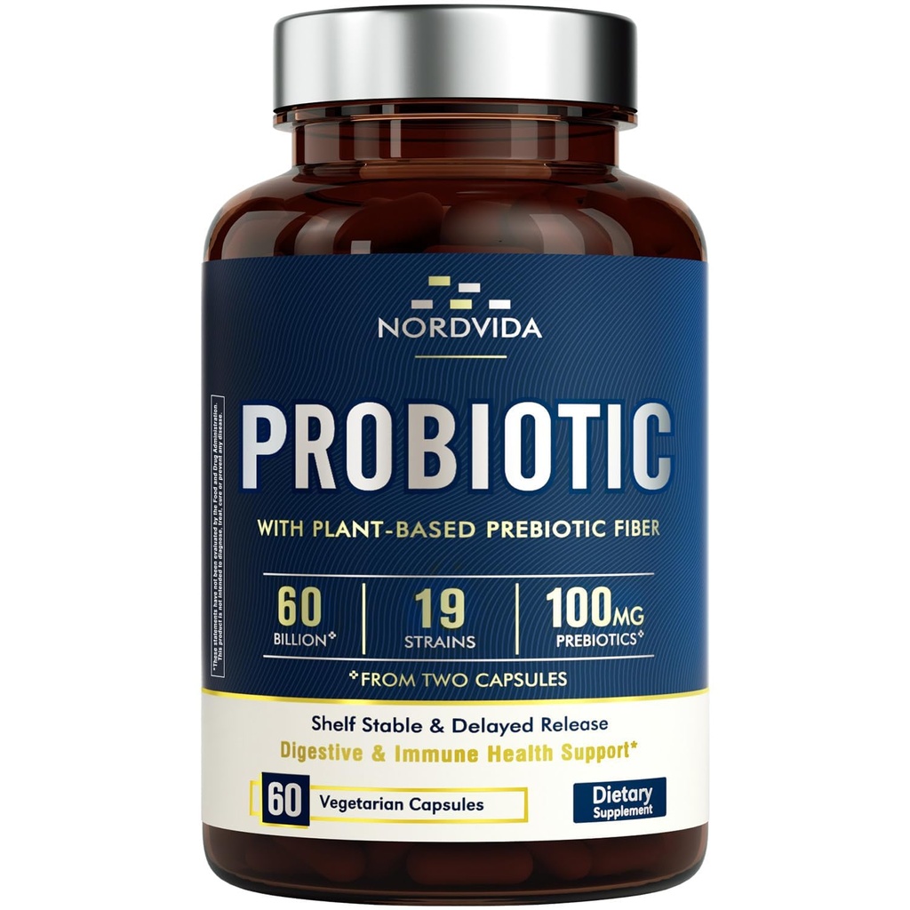 Probiotici 60 miliardi di 19 Strains con Prebiotico Organico per Uomini & Donne, Salute Digestiva & Immune, Scaffale stabile rilasciato ritardato, Non OGM No Dairy, 60 Vegan Caps
