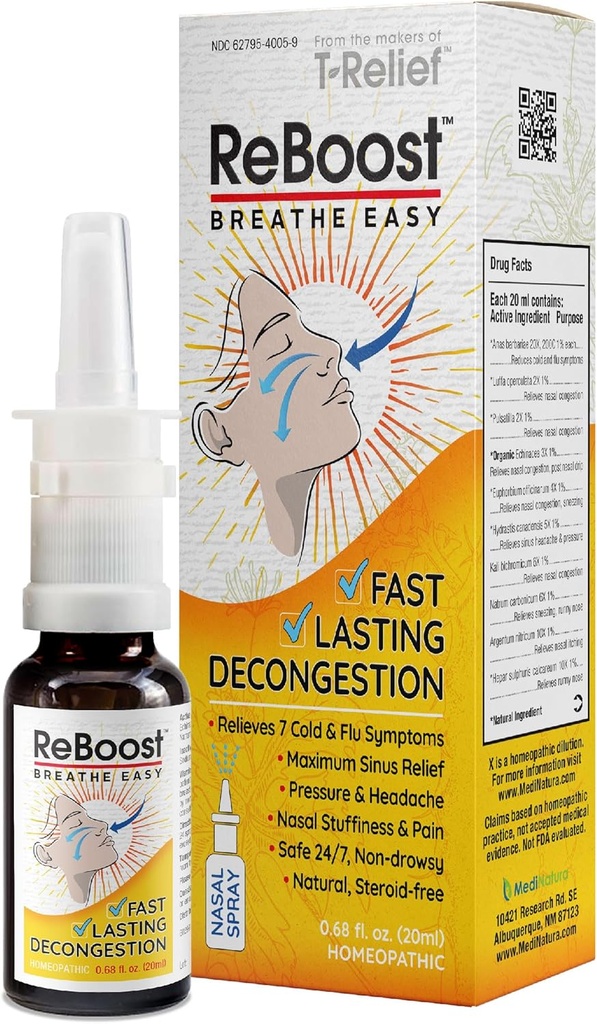 Reboost Respirare Facile Decongestion spray nasale ad azione rapida Cold & Flu Symptom Relief Ingredienti naturali omeopatici aiutano la congestione calma, mal di testa & pressione del seno - 0.68 oz