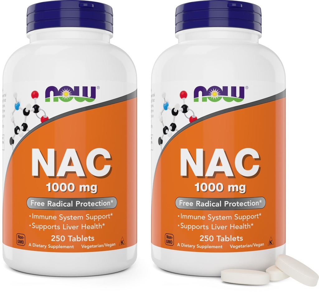 NOW Foods NAC 1.000 mg, 250 compresse (Pack of 2), N-Acetyl-Cysteine Supplement, 1000mg (1 gram) per Tablet - Vegetariano, Non OGM