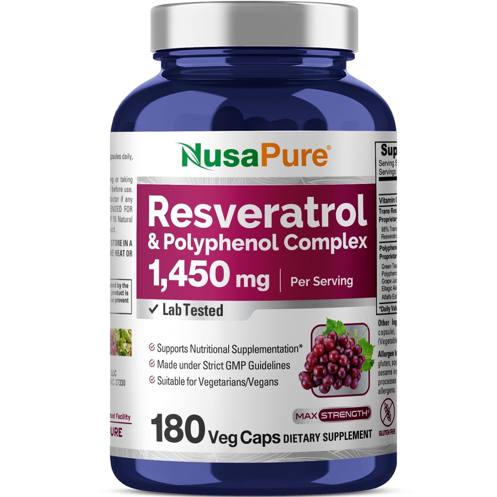 NusaPure Resveratrolo & Polyphenol Complex 1450mg 180 Caps vegetariani (non OGM, Vegan) Vitamina C