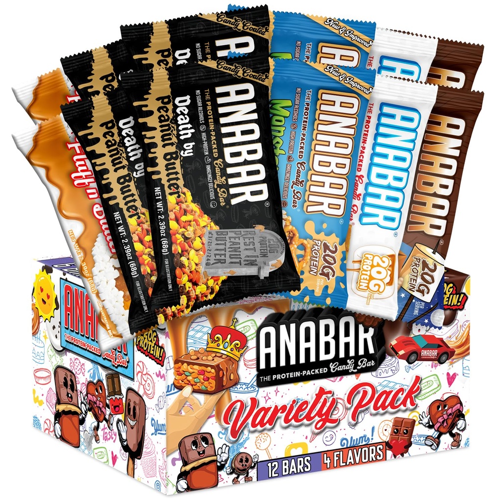 Anabar Protein Bar, The Protein-Packed Candy Bar, Best Tasting Protein Bar, No Sugar Alcohols, High Protein, Incredibilmente Delicious, 20 Grammi di Proteine (12 Bar, Variety Pack)