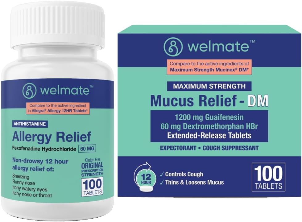 WELMATE Total Respiratory Health Bundle: Allergy Relief Fexofenadine HCl 60 mg (100 Ct) 12 ore Antistamina non dorsale + Massimo carico Mucus Relief DM 1200mg Guaifenesin & 60mg DXM (100 Ct)