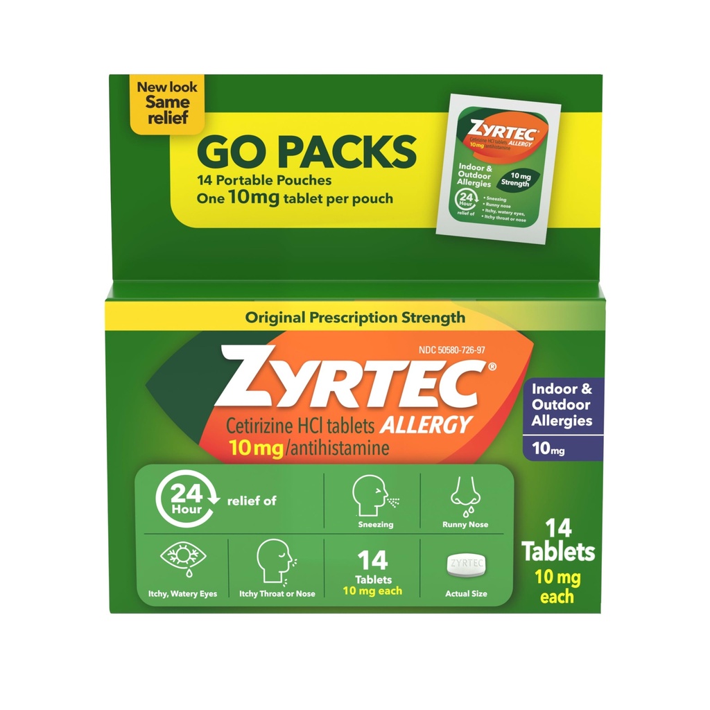 Zyrtec 24 ore Allergy Relief Tablets, Antihistamine Indoor & Outdoor Anti Allergy Medicine + Cetirizine HCl, Rilievo da Runny Nose, Sneezing, & Itchy Eyes, Single Packs, 14 x 1 ct Packets