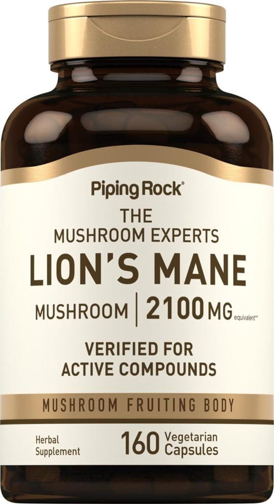 Piping Rock Lions Mane Mushroom Supplemento | 2100mg | 160 capsule | Estratto per donne e uomini | Vegetariano, Non OGM & Gluten Free