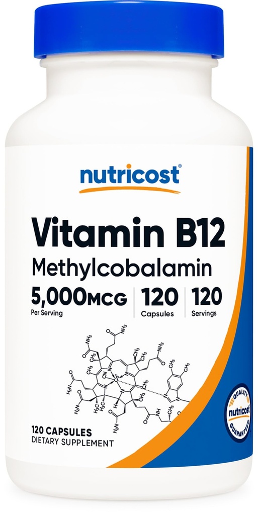 Nutricost Vitamina B12 (metilcobalamina) 5000mcg, 120 Capsule - Capsula Vegetariana, Non OGM, Gluten Free B12 Supplemento