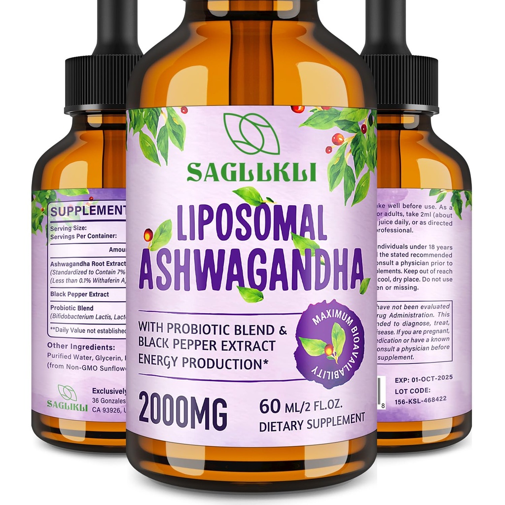 Liposomal Ashwagandha Liquid Drops 2000mg, Ashwagandha Root Extract Supplement (7% Withanolides) con Black Pepper Extract & Probiotics for Focus, Cognition & Energy - 2 FL.OZ (1 bottiglia)