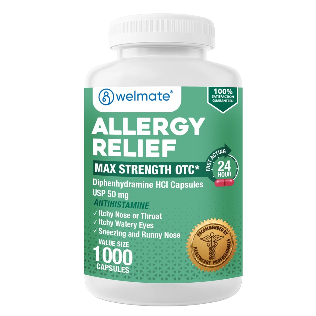 WELMATE Allergy Relief - Difenidramina 50 mg - 1000 Conta capsule - Antistamina - Allergia e sintomi freddi - starnuti, Runny Nose, Itchy Eyes & Throat