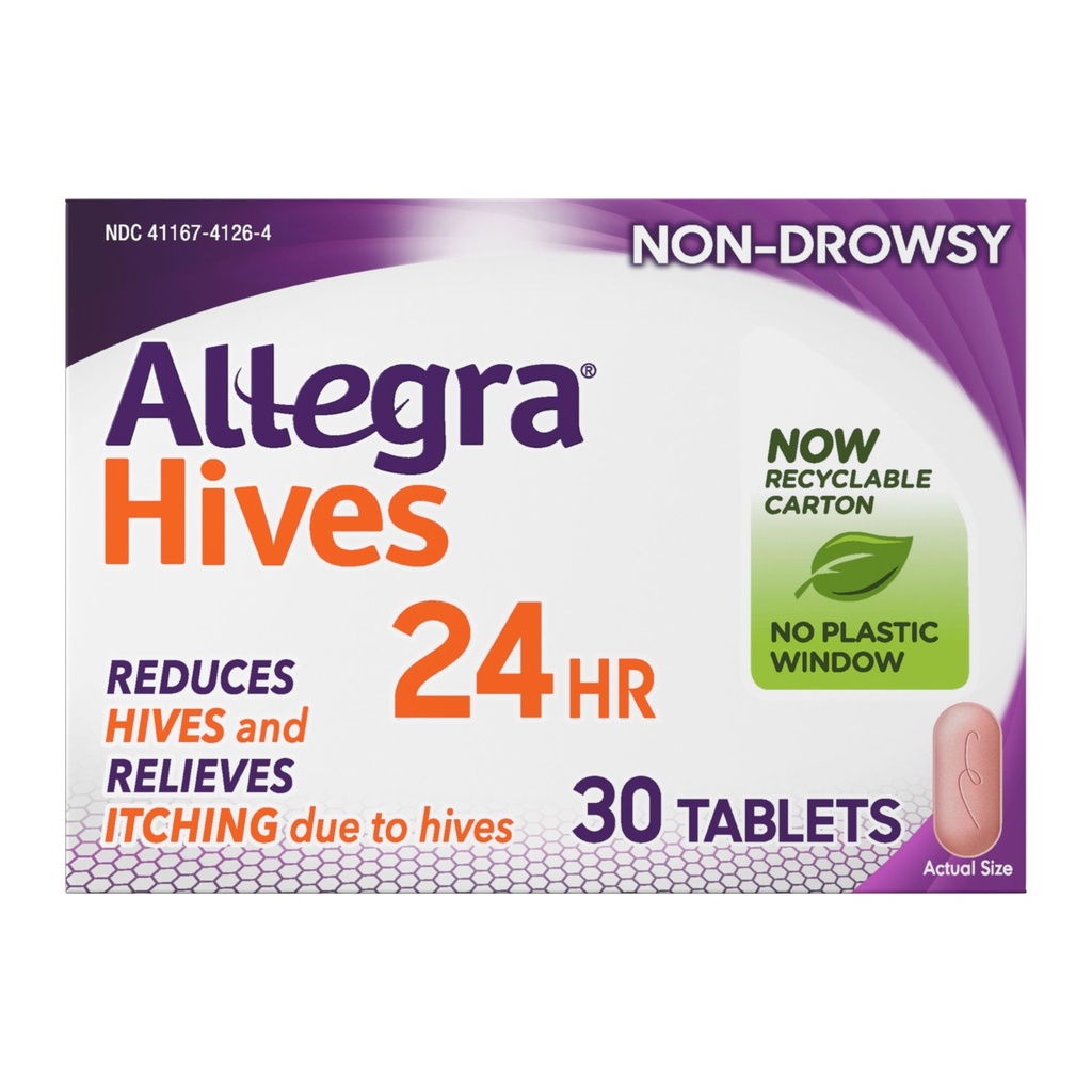 Allegra Hives Antihistamine 24-Hour Tablets, Non-Drowsy Hive Riduzione e Hive Itch Relief, 180 mg Fexofenadine HCI, 30-Count