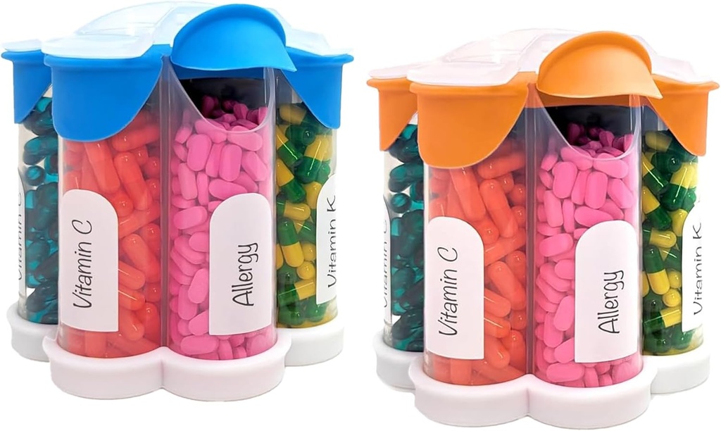 Extra Large Pill Organizer Daily, Weekly, Mensile Supplemento Bottiglia, Grazioso Blossom Pill Dispenser con 7 XL Confronti (2 Pack Combo) (Luce Blu e Arancione)
