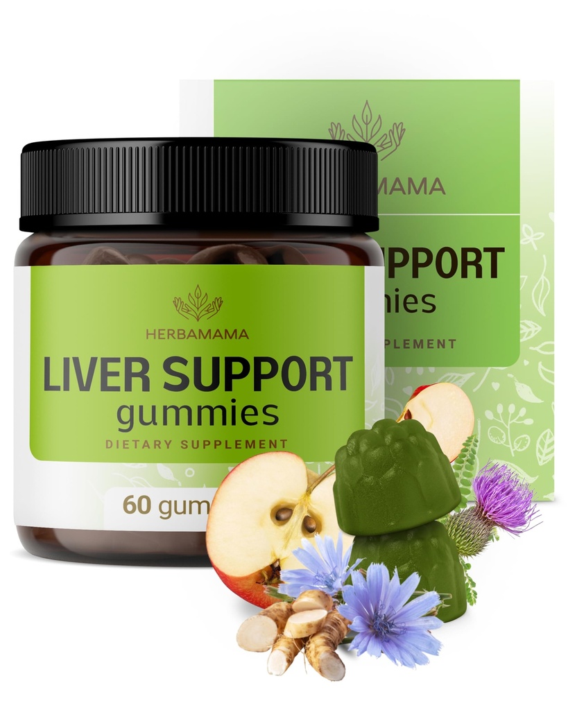 Supporto per fegato HERBAMAMAMA Gummies - Complesso di erbe per disintossicazione e pulizia del fegato - Vegan, Non OGM Integratore di supporto generale - 60 Chews a base di pectina