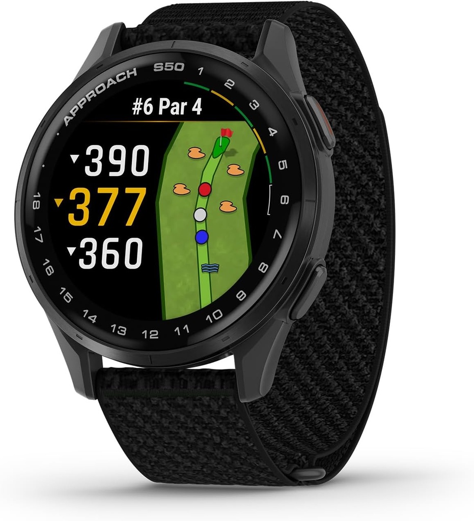 Garmin Approach® S50, Advanced Golf GPS Smartwatch, AMOLED Display, On-Course Features, Tasso cardiaco da polso, Lunetta in alluminio ardesia con Black ComfortFit Nylon Band