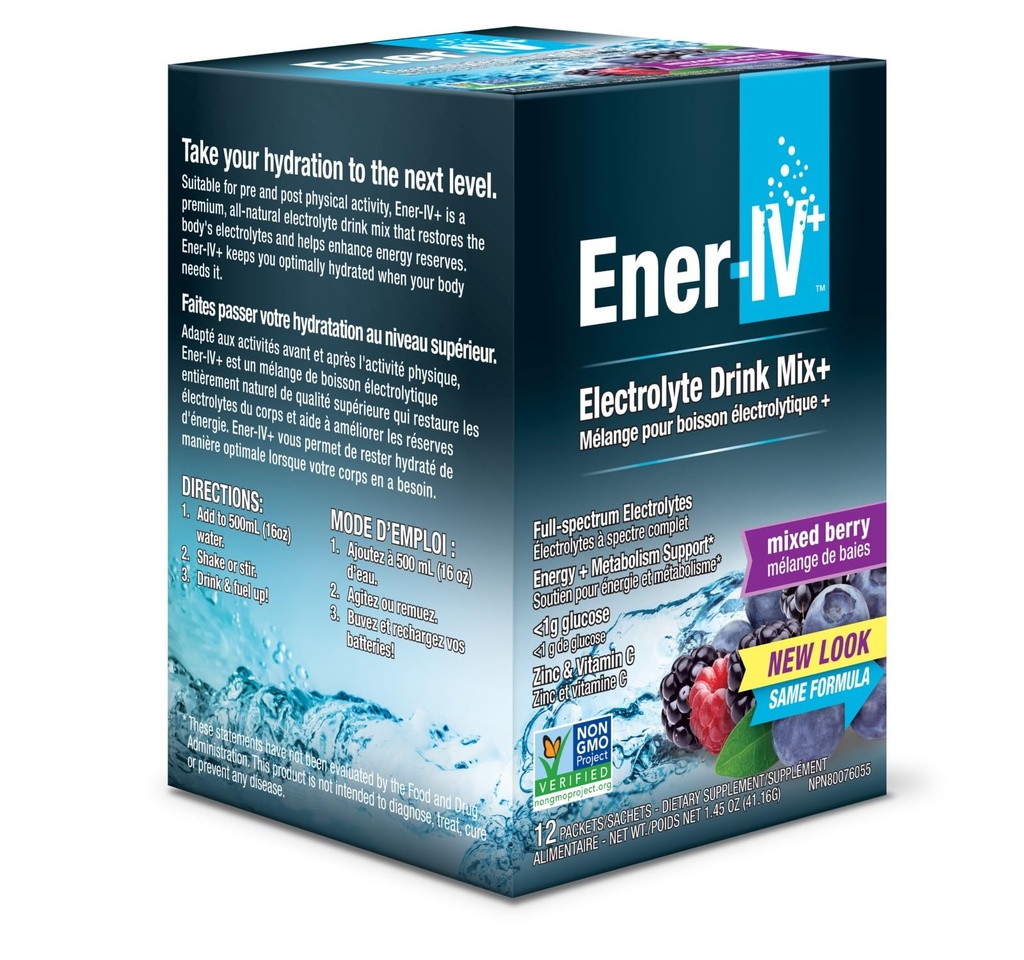 Idratazione elettrolitica Ener-IV & Energy Drink Potassium Vitamin C & Zinc Electrolytes Powder Packets - Recupero del muscolo & Immunity Bevande sportive per le donne & uomini Basso zucchero Vegan, Bacca mista - 12 conte