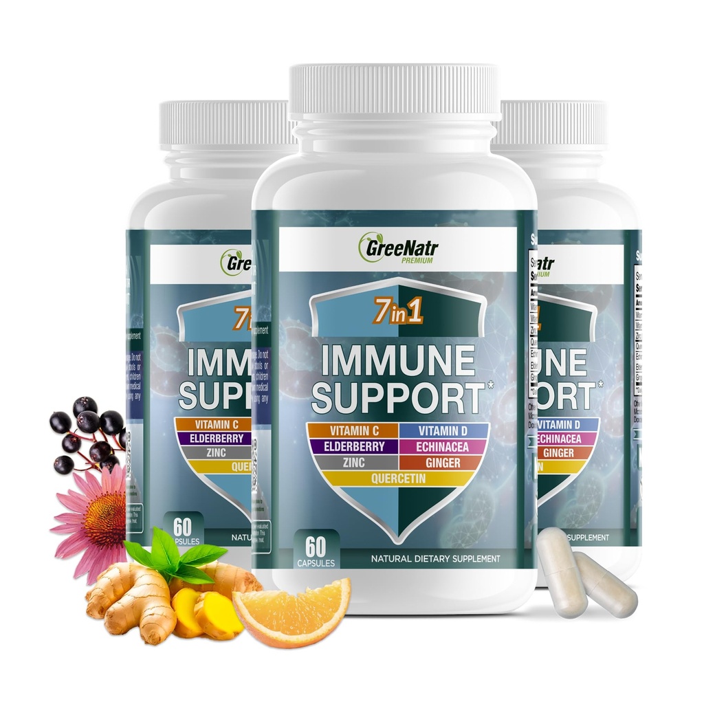 GreeNatr Integratore di Supporto Immune con Vitamina C, D3, Zinc 50mg, Quercetin, Echinacea Purpurea, Sambucus Elderberry e Ginger per Difesa Immune Completa - 60 Capsule (3 Bottiglie)