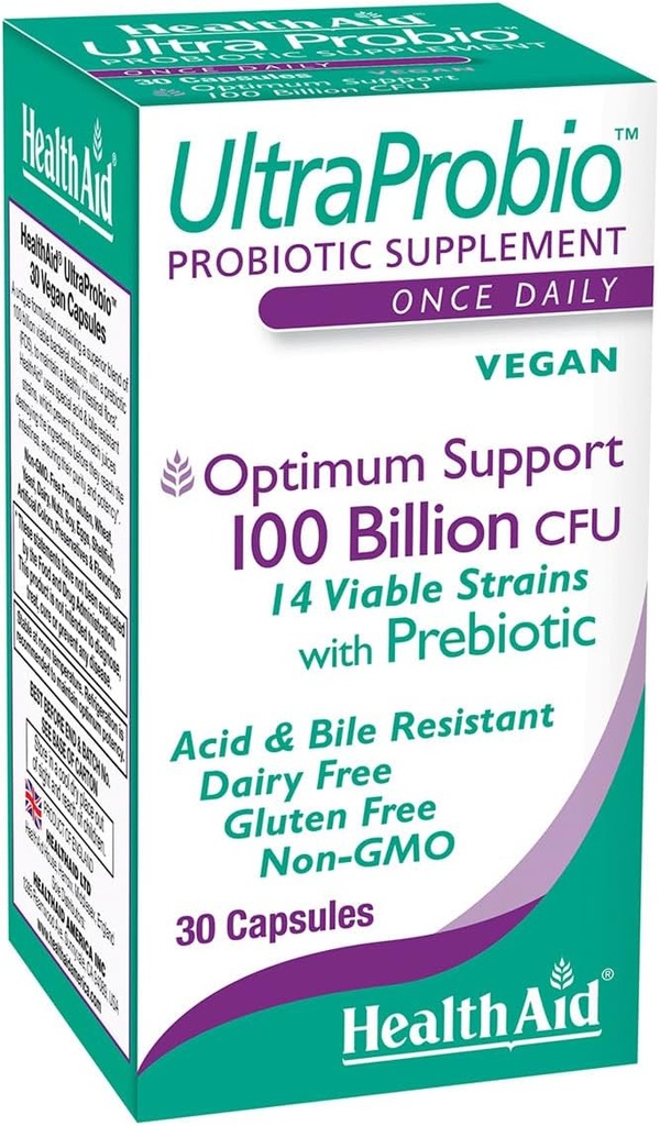 HealthAid UltraProbio, 100 miliardi 30ct Una volta Daily Capsule, Supporto Optimum, 100 miliardi con Prebiotico, Acid & Bile Resistant, Non OGM