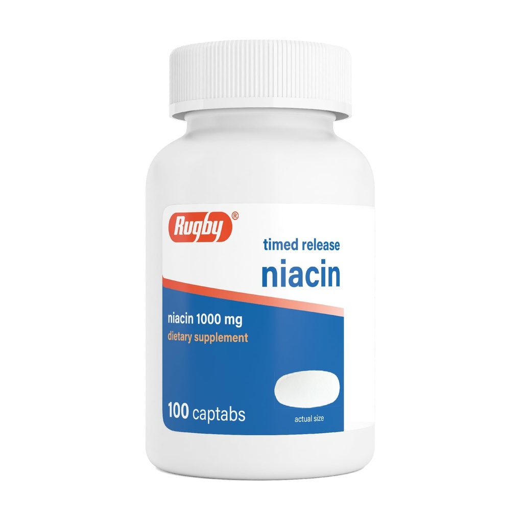 Rugby Timed-Release Niacin 1000mg Integratore alimentare per Adulti per Energia, Circolazione e Supporto Metabolismo, 100 Captabs (Pack of 1)