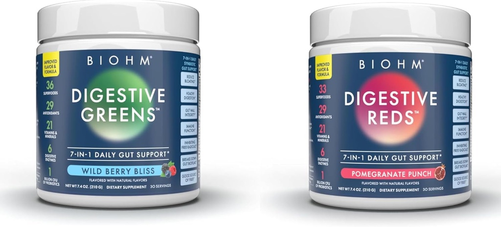 Bundle essenziale del BIOHM, rossi digestivi e verdi, polvere di Superfood, antiossidanti, vitamine, probiotici, salute digestiva per gli uomini e le donne, supplemento di digestione con gli enzimi, 30 Serve