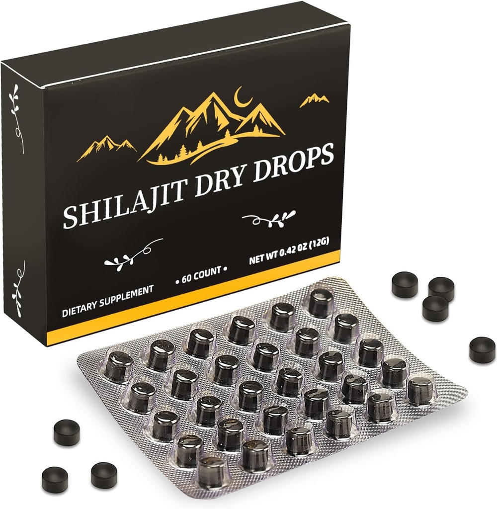 Shilajit Pure Himalay Resina Dry Drops Tablets |Himalaya shilajit, Supporto immunitario,Pure Natural shilajit | 85+Trace Minerals & Fulvic Acid for Energy, Pure Himalayan Resin 60 Tablets (1 pacchetto)