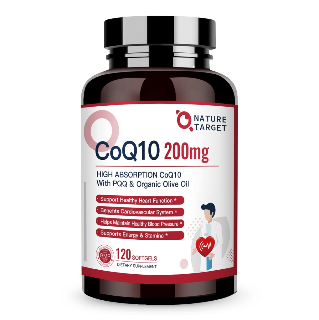 NATURE TARGET CoQ10-200mg-Softgels + PQQ con Organic-Olive-Oil - Alto assorbimento-Coenzima-Q10 - Antiossidante-per-Health-Health e supporto immunitario, produzione di energia, 120 Servings