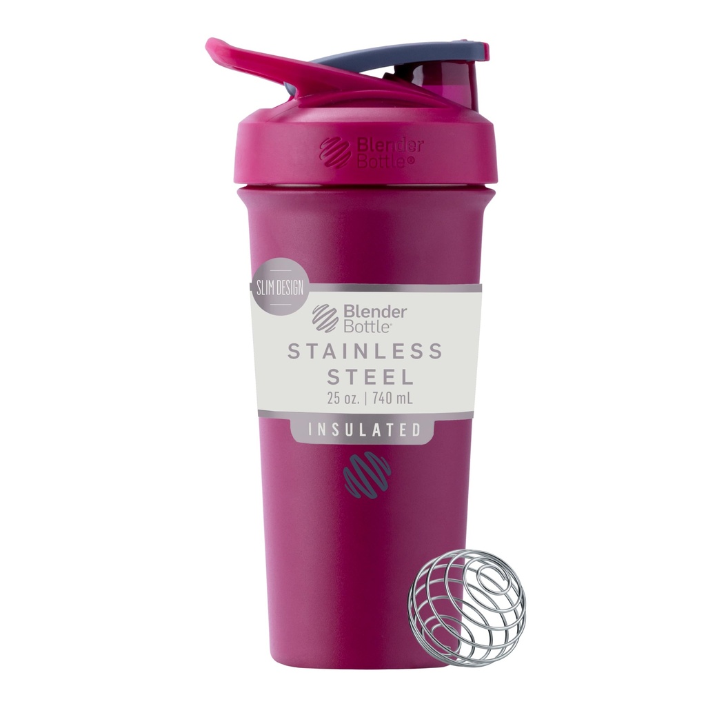 BlenderBottle Sport Elegante In acciaio inox Shaker Bottiglia con filo Whisk, 25-unce, lampone – Protein Shakes & Hydration per atleti e appassionati di fitness, facile miscelazione, sottile facile da tenere, mantiene le bevande freddo, Lockable Lid