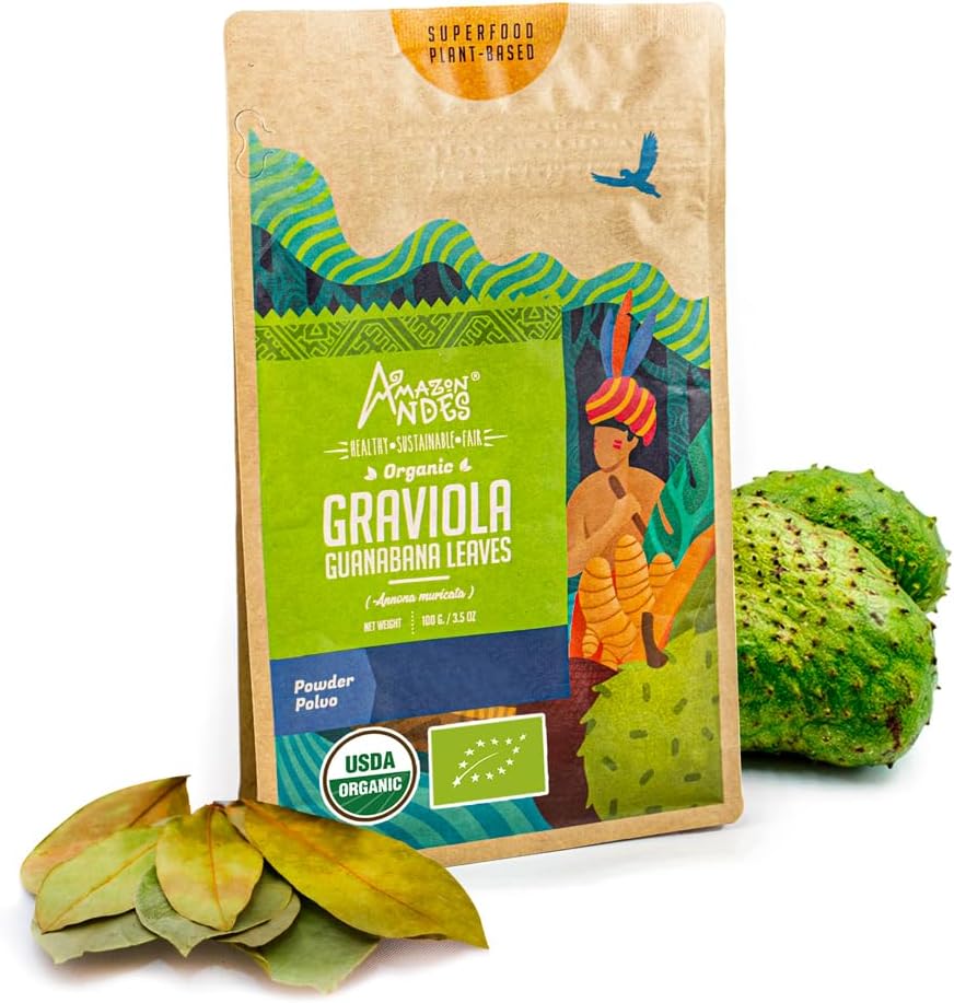 Andes Graviola Foglie Polvere Anonna muricata - Ricco di vitamina C & fibre - Sistema immunitario Stimolant - USDA NOP Supplement - Soursop - Gluten Free, Vegan, & Non OGM - 100gm / 3.5oz (20 Serving)