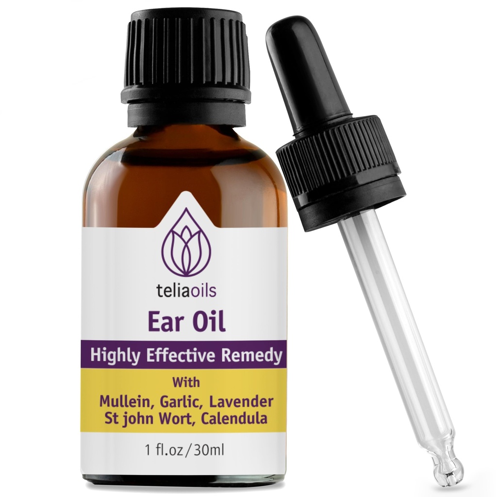 Teliaoils Natural Ear Drops Olio Essenziale con Aglio e Mullein - Herbal Ear Oil Remedy per Easy Earwax rimozione, Discomfort & Ringing Relief - Natural Soothing, Deep Cleansing Properties - 1 oz.