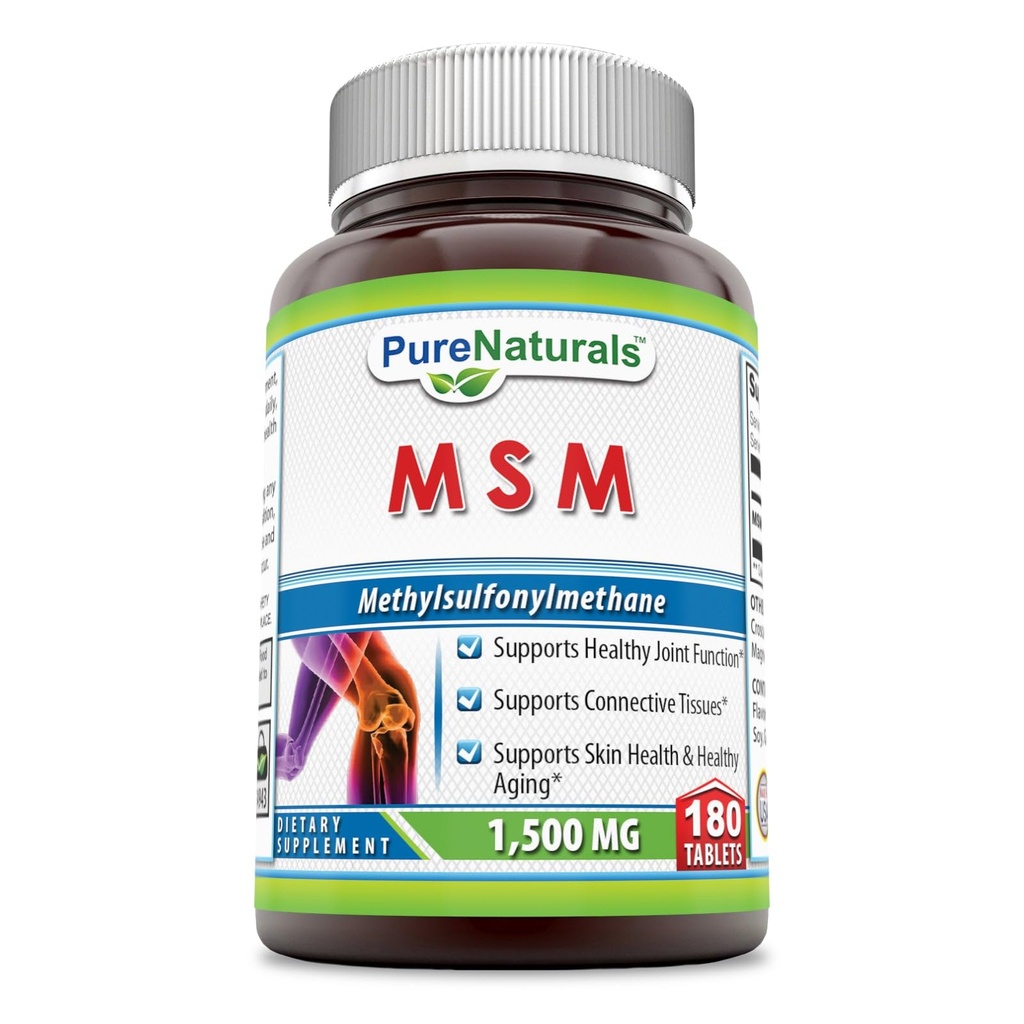Pure Naturals MSM (Methylsulphonylmethane) Supplemento | 1500 Mg Per Serving | 180 compresse | Non-GMO | Gluten-Free | Made in USA