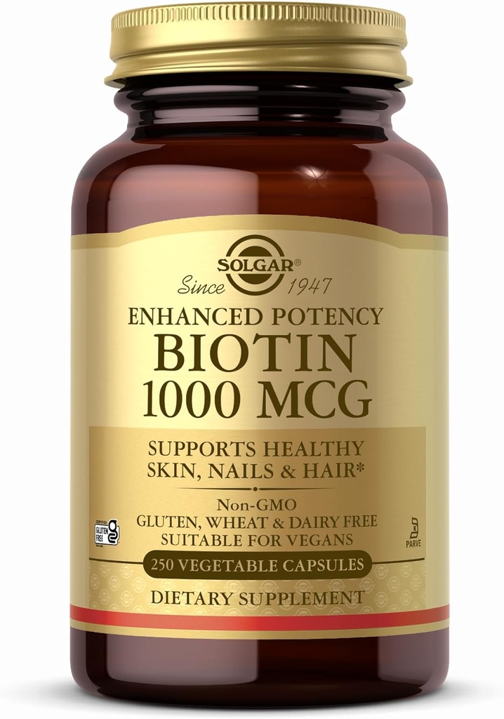 Solgar Biotin 1000 mcg - 250 capsule vegetali - Supporta pelle sana, unghie e capelli - Non OGM, Vegan, Gluten Free, Dairy Free, Kosher - 250 Servings