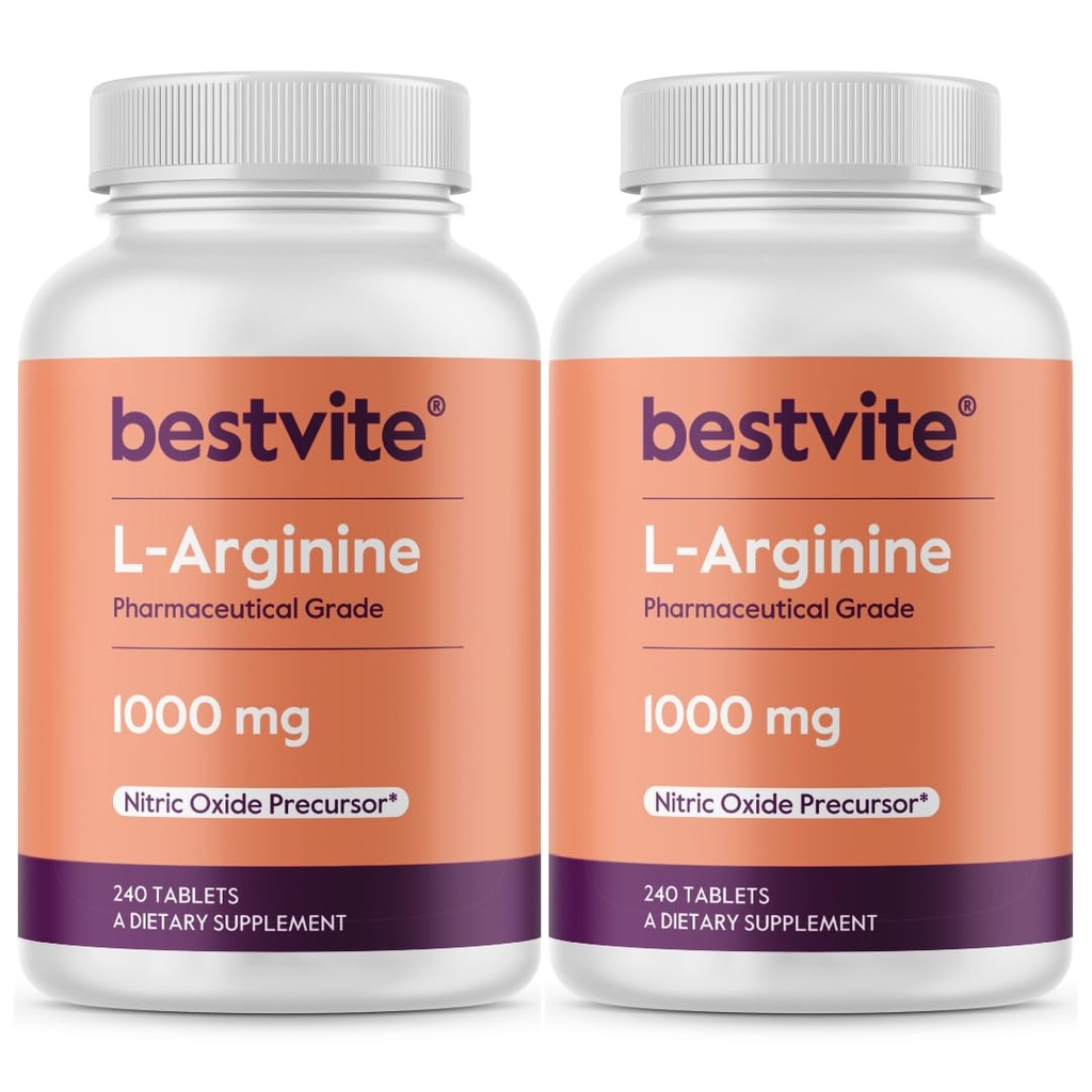 BESTVITE L-Arginina 1000mg per Tablet (480 compresse) (240 x 2) – Grado farmaceutico – Contiene 20% Arginina Più pura Rispetto all'Arginina HCl – Precursore di Ossido Nitrico*