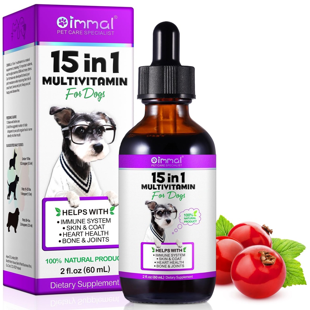 15 in 1 Cane Multivitaminico, Multivitaminico Multi Liquido per Cani, Vitamine di Cane e Supplemento con Digestivo, Immunità, Allergy Skin & Coat Support, Hip & Joint, All Ages, Razze 2 oz