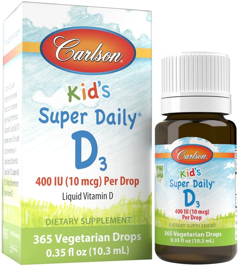 Carlson - Kid's Super Daily D3, Vitamin D Drops for Kids, 400 IU per goccia, 1-Year Supply, Heart & Immune Health, Vegetariano, Liquid Vitamin D Drops, Unflavored, 365 gocce