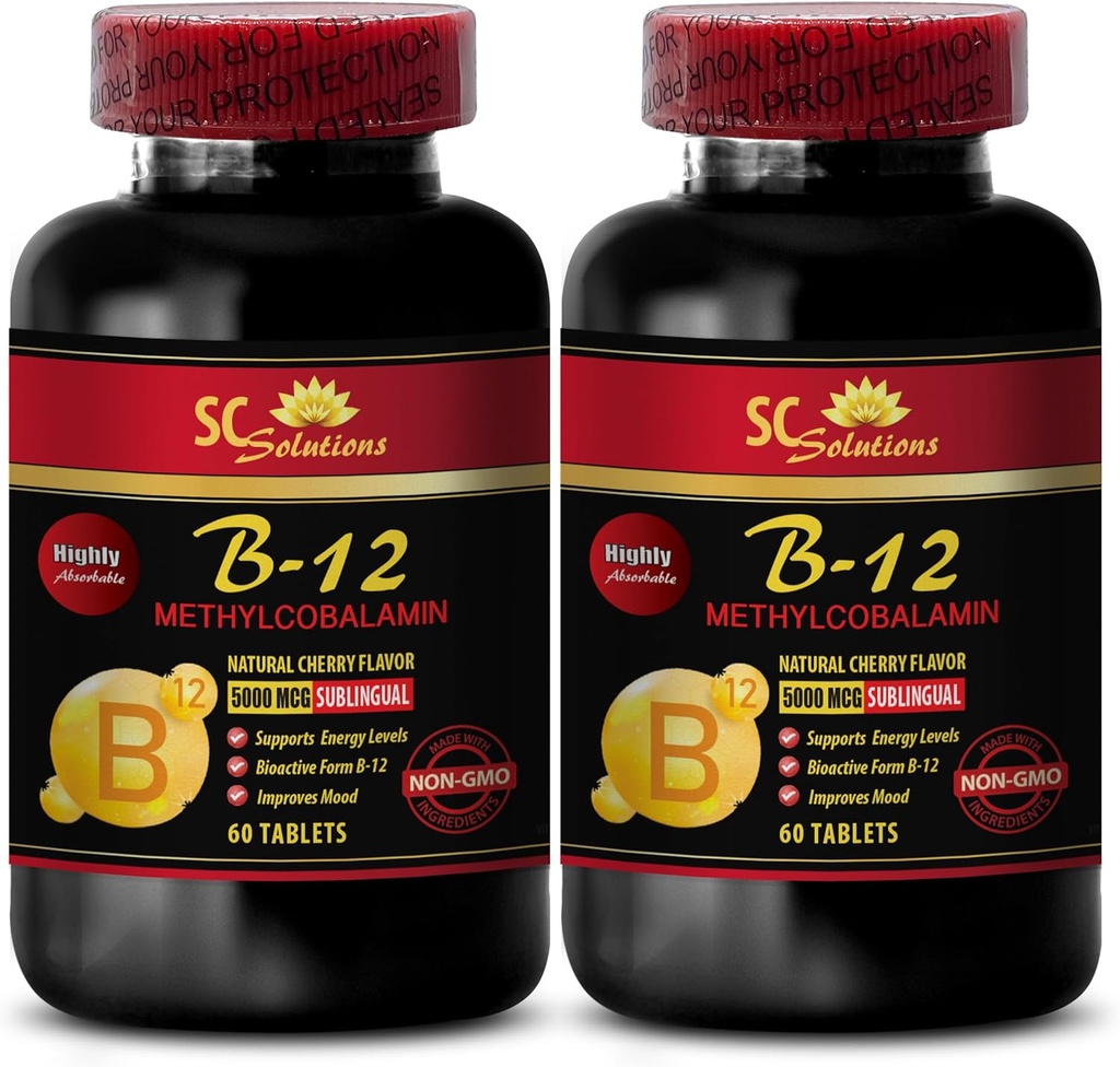 b12 Vitamine 5000 mcg - METHYLCOBALAMIN Vitamina B-12 5000 - Nutrizione sportiva Endurance, Energy Booster, Integratori energetici per gli uomini oltre 50, Vitamina b 12, Integratori di supporto per la pelle - 2 Bottiglie 120 Tabl