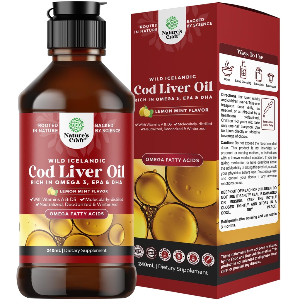 Olio di fegato di colata selvatica islandese - Gocce di olio di pesce con Omega 3, EPA, DHA, vitamina D & A - Supplemento di fegato di cod liquido per il cuore, giunto, cervello e supporto immunitario - 240 ml (8 oncia)