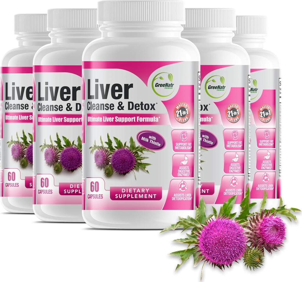 GreeNatr Liver Cleanse Detox & Repair Formula – Latte Thistle, Berberine, Ginger, Beet Root, Dandelion Root, Artichoke Extract, and Chanca Piedra for Optimal Liver Health Support (6 bottiglie)