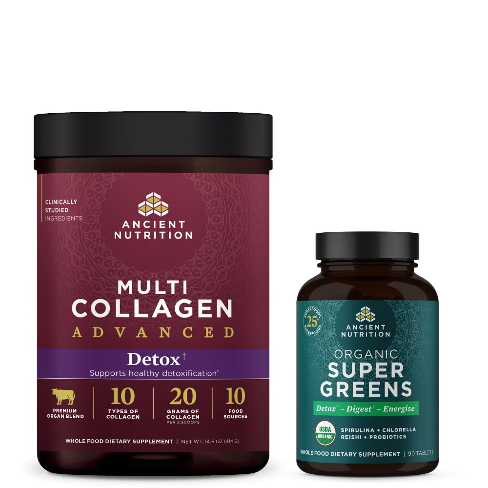 Antica nutrizione multi collagene polvere avanzata Cleanse & Detox, non aromaed, 36 porzioni + organico Super Greens Tablet 90 conte