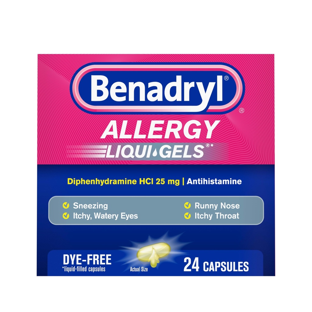 Benadryl Liqui-Gels Allergy Medicine, Dye-Free Liquid Gel Capsule con 25 mg di Diphenhydramine HCl Antistamina per il sollievo di allergia e sintomi freddi come Runny Nose & Sneezing, 24 ct