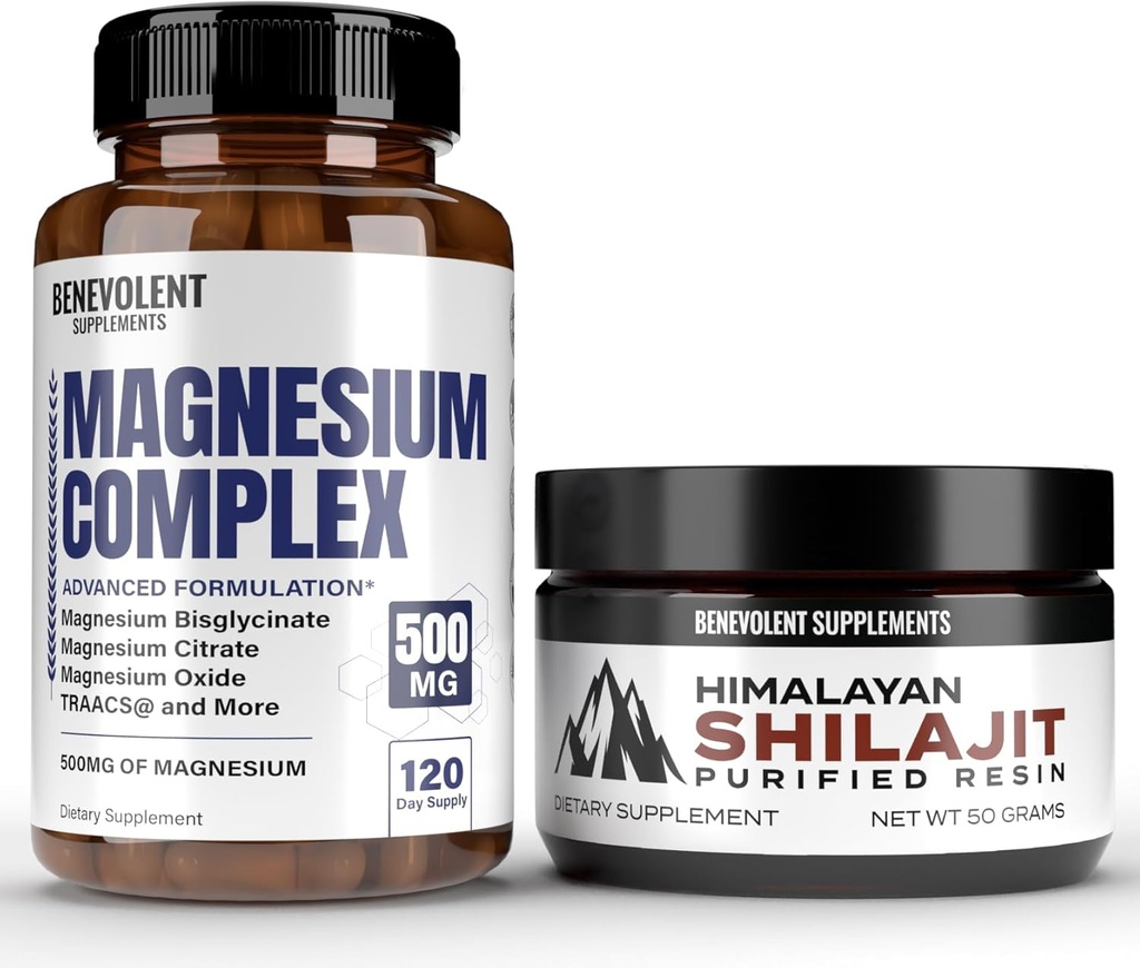 Magnesio Complesso con 5 migliori forme & Himalayan Shilajit Resina - 4 mesi Fornitura di 500 mg Magnesio Glycinate, Ossido, Taurate, Chelato, Magnesio Citrato - 85+ Minerali per l'energia