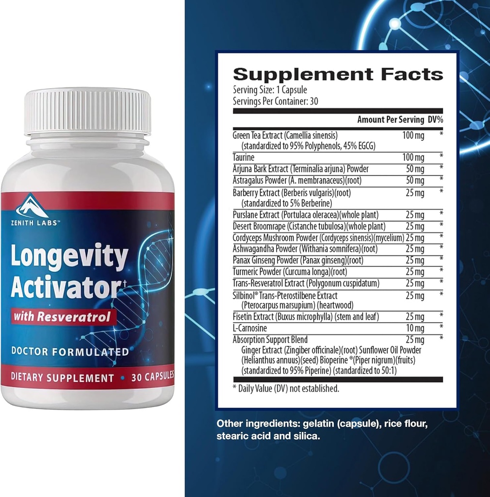 Zenith Labs Longevity Activator Anti-Aging Supplemento dietetico, Antiossidanti naturali con Resveratrolo - Supporta la funzione immunitaria e la memoria sana, 3 Pack