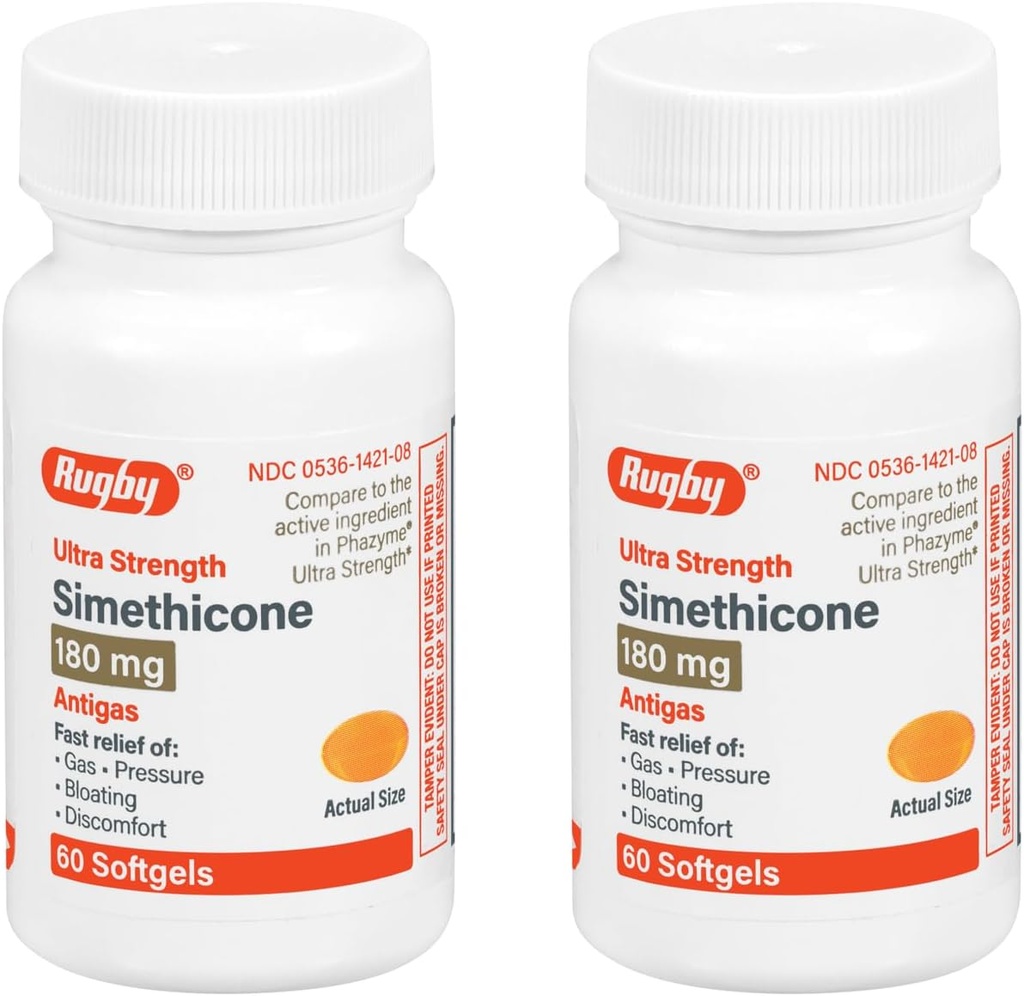 Rugby Ultra Strength Rilievo del gas Simethicone 180 mg - Rilievo massimo del gas per gli adulti - Può aiutare con i sintomi di flatulenza, Bloating, PietÃ del gas - 60 Softgels (2 Pack)