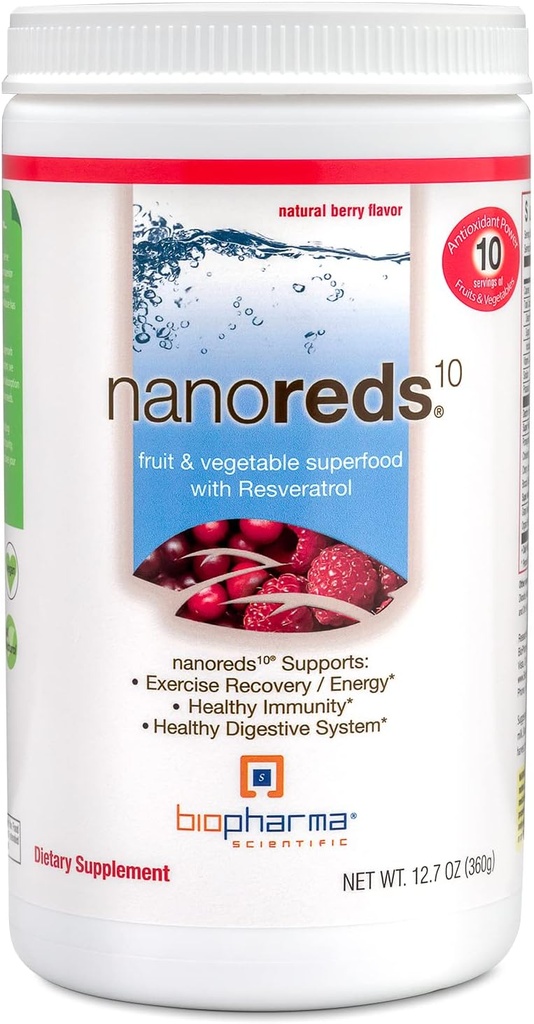 Biopharma Scientific Nanoreds: Reds Superfood Fruit & Vegeta Powder Smoothie Mix for Digestive Health & Immunity with Antioxidants, VitaminC, Elderberry, Pomegranate, Berry Flavor, 30 Servings