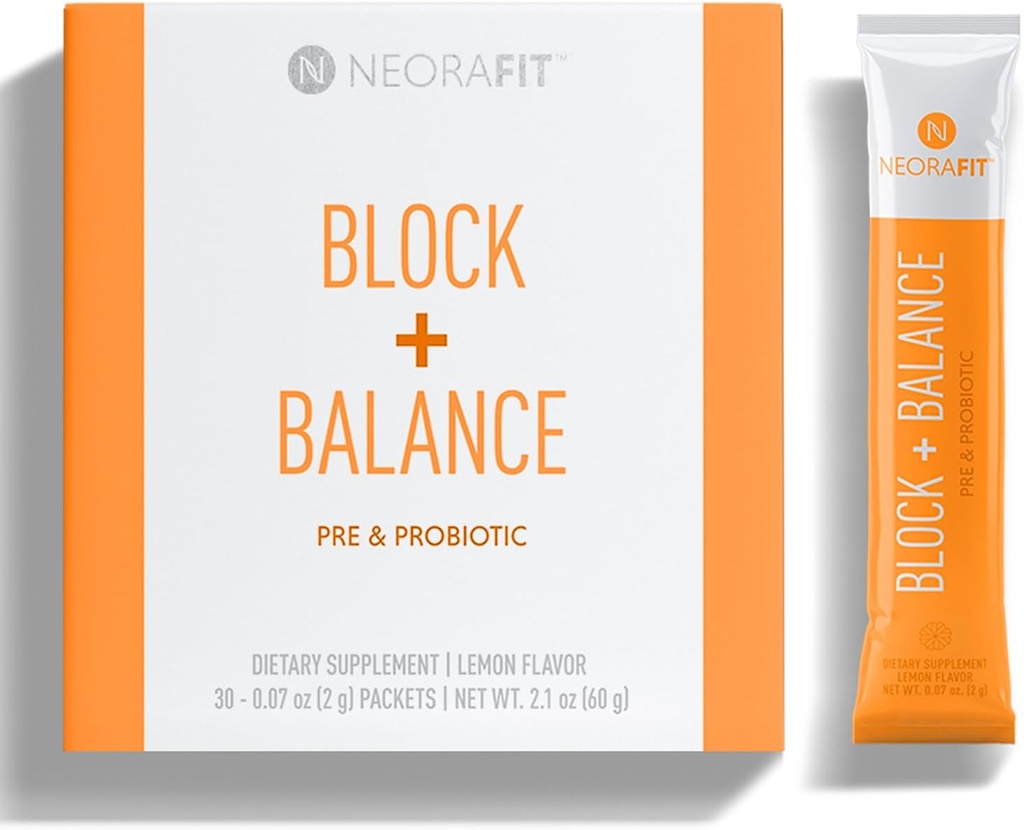 NeoraFit - Block+Balance Pre e Probiotic Powder - Uso quotidiano, Supporto per Craving, Vitamina C & B Blend, Conveniente Stick Packs - 30 Conte