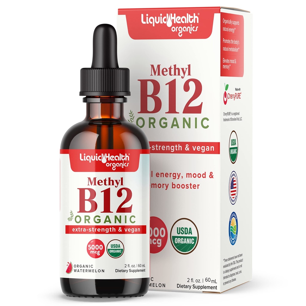 LIQUIDHEALTH USDA Organic Methyl Vitamin B12 Methylcobalamin Liquid Drops with Tart Cherry Juice - Boost Energy, Immune Support, Migliorare la memoria e la concentrazione - USA Made, Vegan, Non-GMO (2 oz)