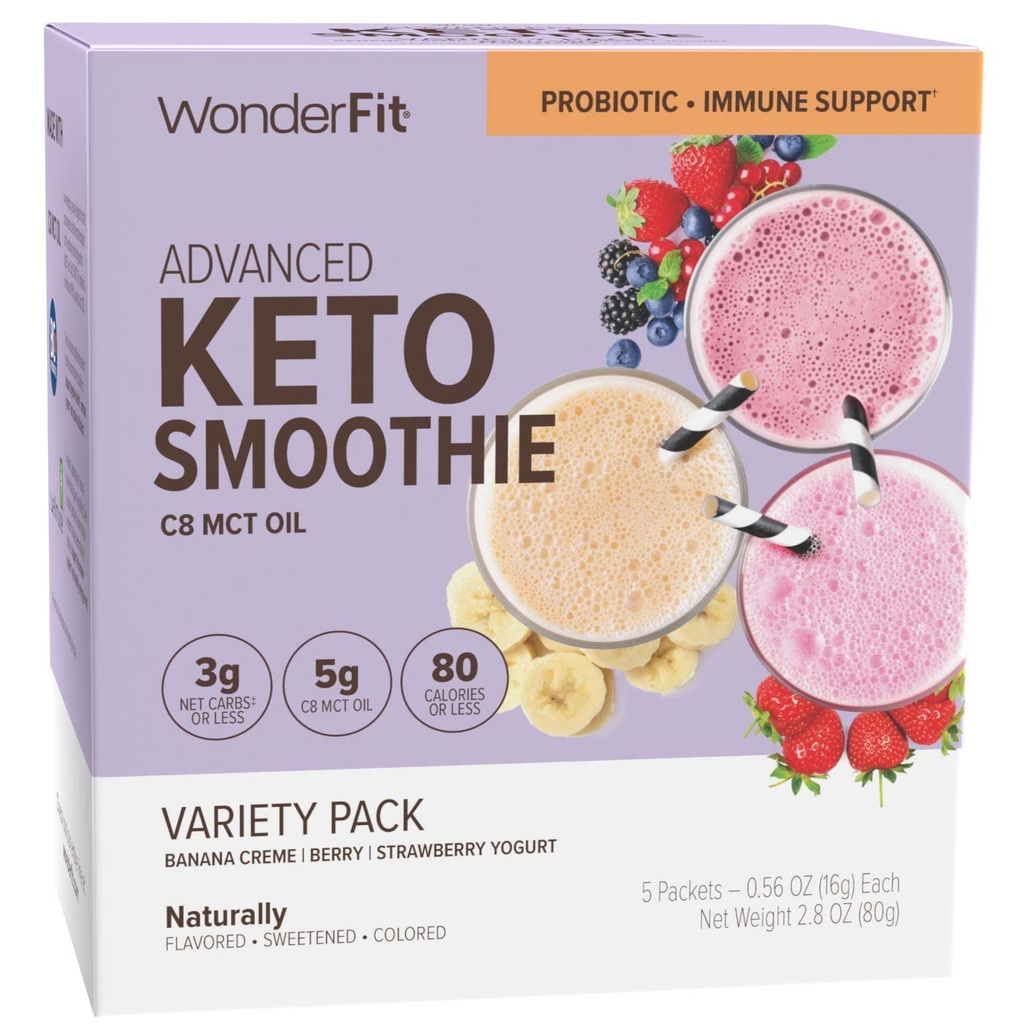 WonderFit di WonderSlim Keto Smoothie con C8 MCT Oil, Variety Pack, 1-3g Net Carbs, Gluten Free, Probiotic & Immune Support (5ct)