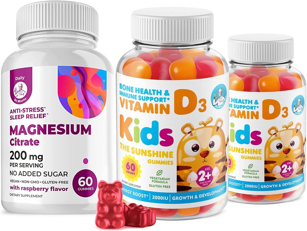 Vitamina D Gummies per Kids&Adults 2000 IU e Magnesio Gummies - Vitamina sana D3 Integratori 1000IU - Supporto Immune senza Gelatino Vegetariano con Magnesio Senza Zucchero Calci per Bambini &Adults